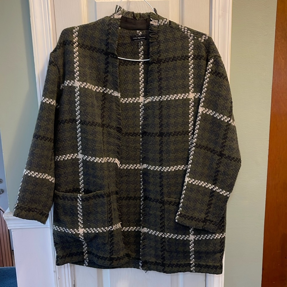 Lucky brand, olive green plaid cardigan/oversized sweater. Size s.
